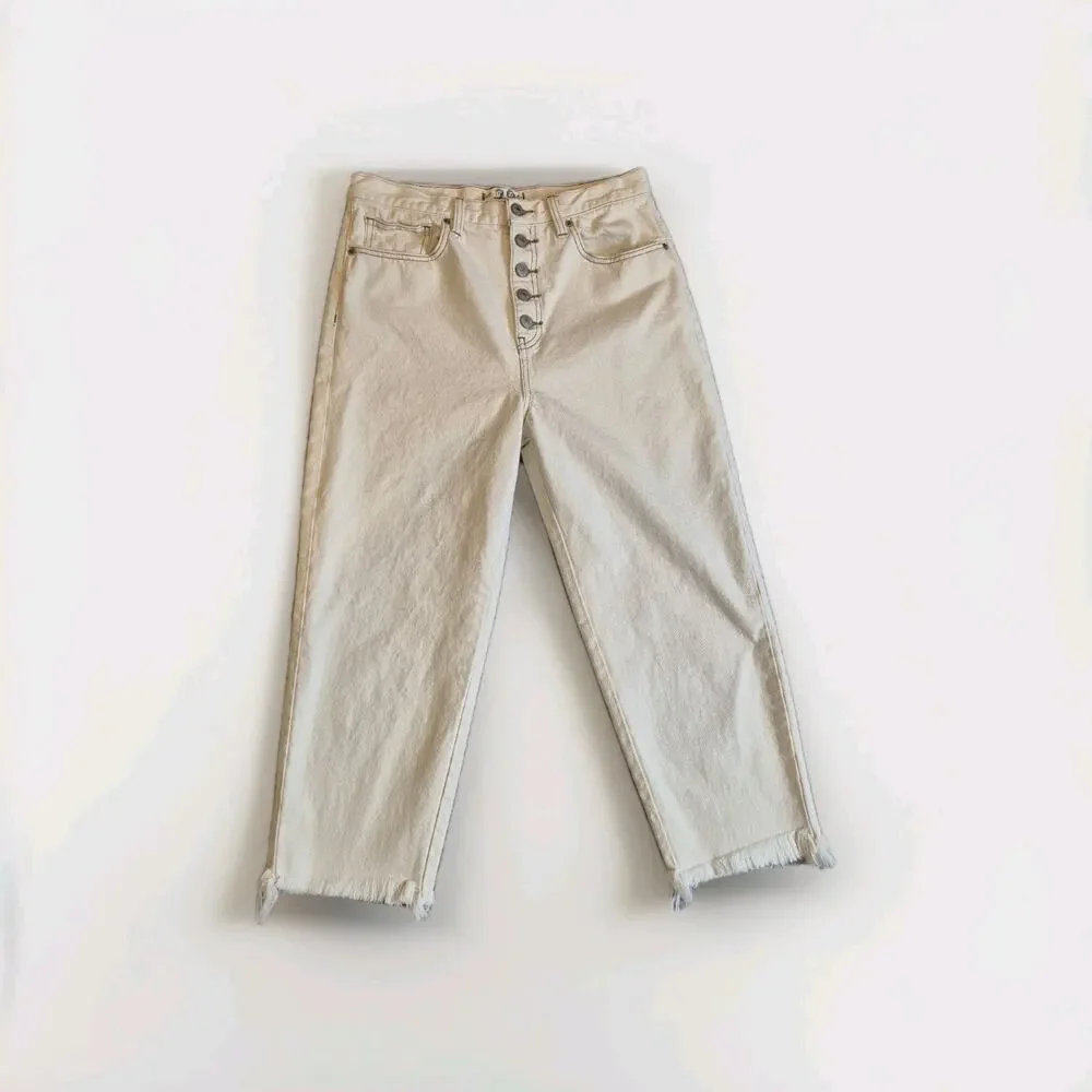 We The Free Crop Barrel Jeans Women 29 Ivory Button Fly FP Denim Frayed Hem Hi - Picture 2 of 10